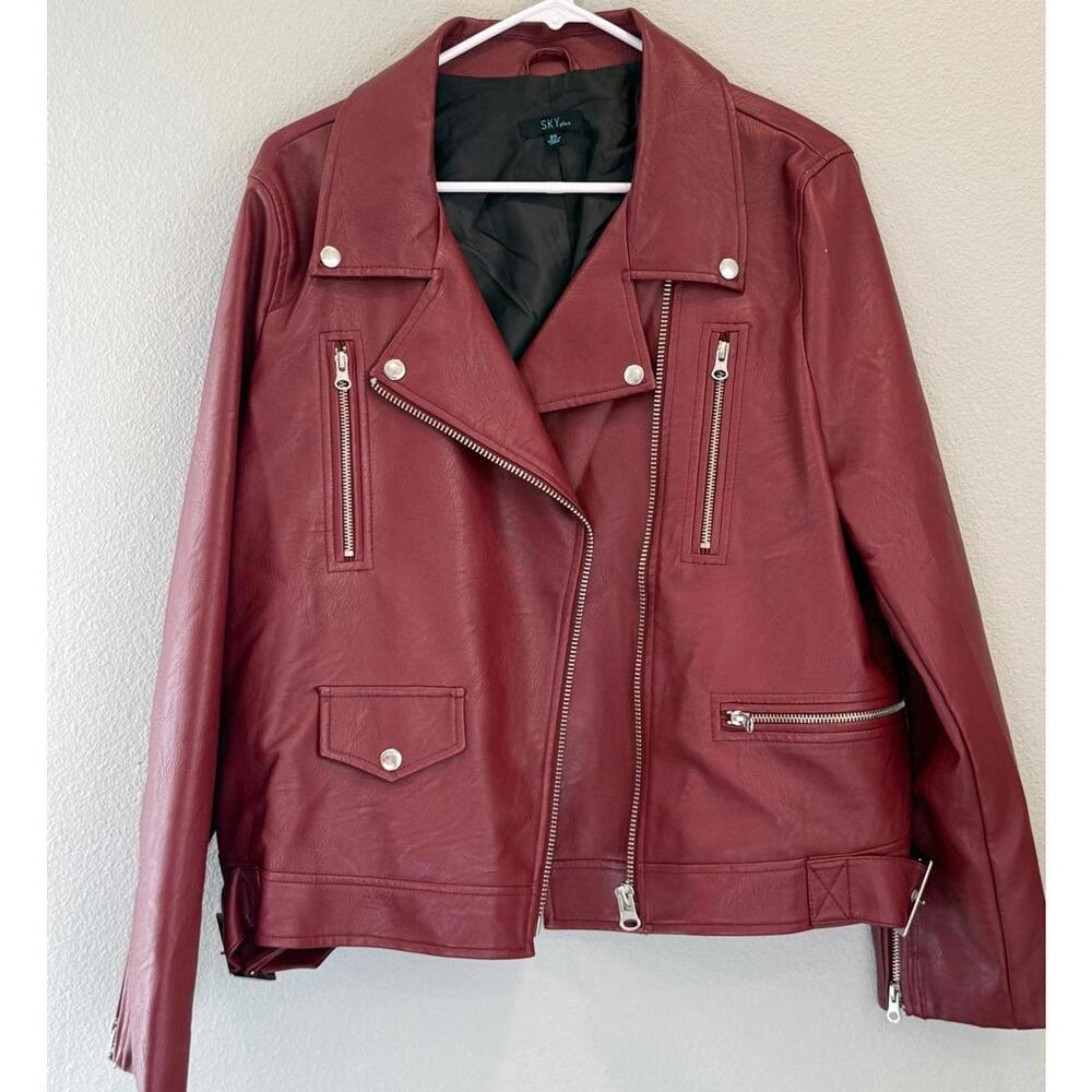 Sky Plus Burgundy Red Faux Leather Moto Bomber Jacket, Women's 2X